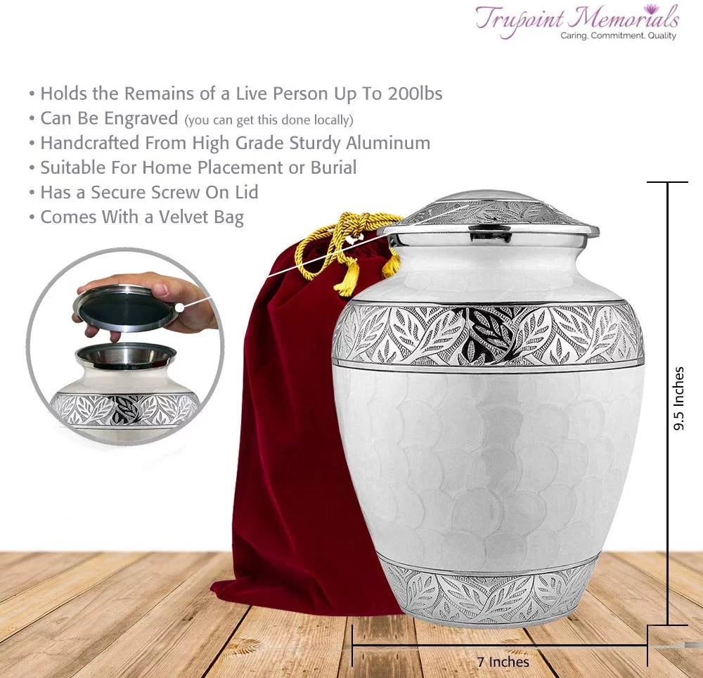 White Large Adult Urns for Cremation Ashes with Velvet Bag U37987