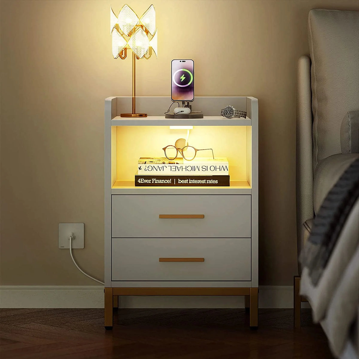 White Night Stand with 2 Drawers and Charging Station S616