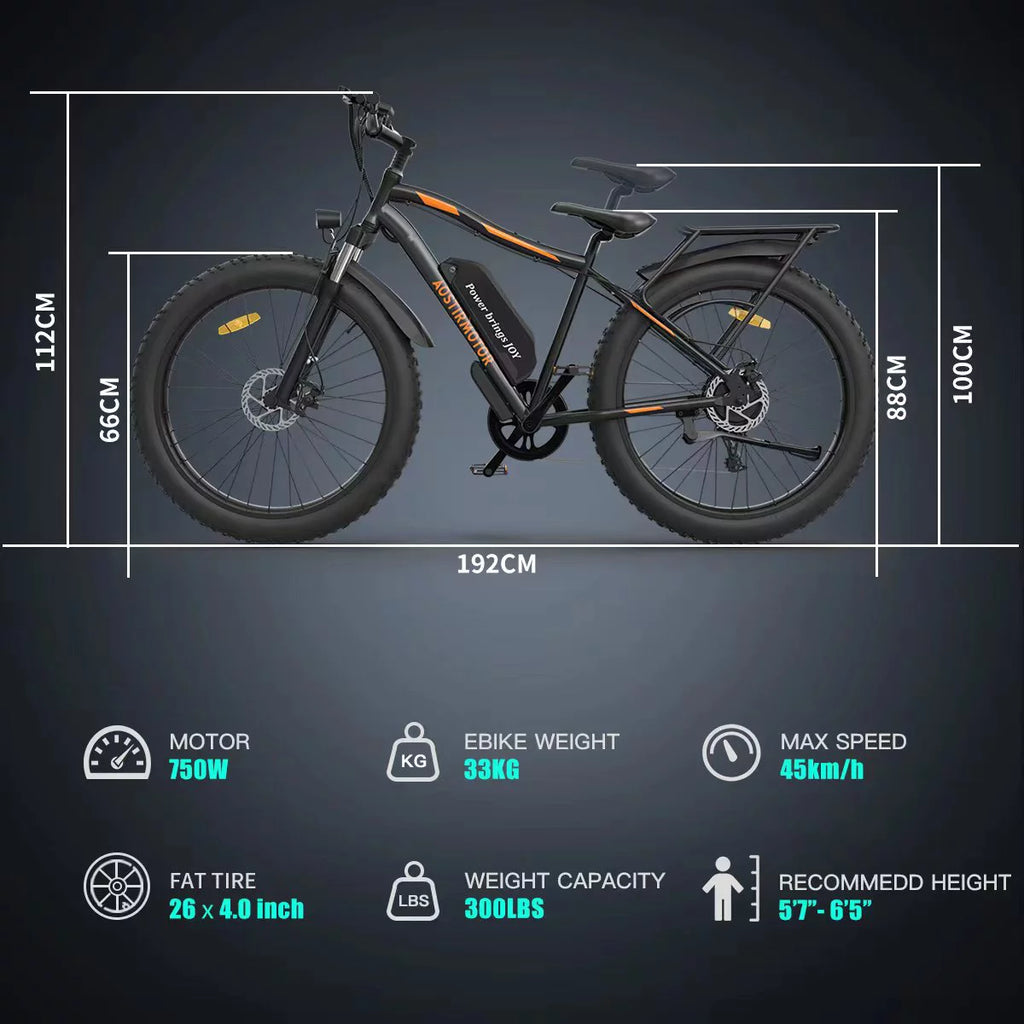 Electric Bike 48V 13AH Battery 26x4.0 inch Fat Tire Black Q182