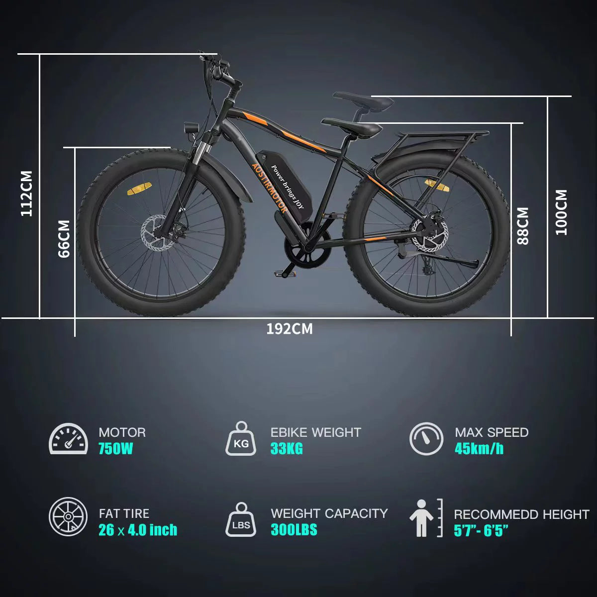 Electric Bike 48V 13AH Battery 26x4.0 inch Fat Tire Black Q182