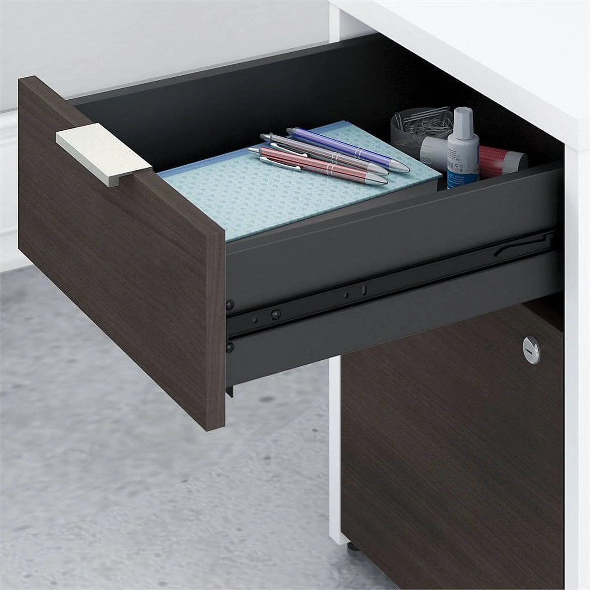 72" L Shaped Desk in White and Storm Gray H8095