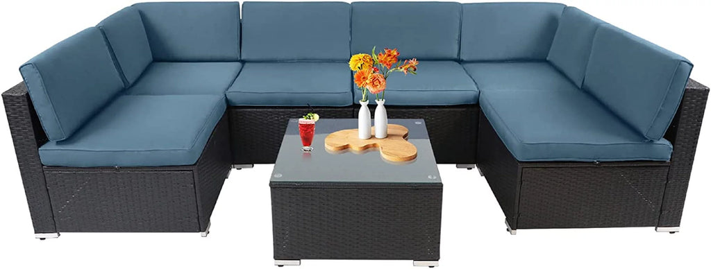 7-Pieces Wicker Outdoor Sectional Sofa Set with Haze Blue Cushions U12200