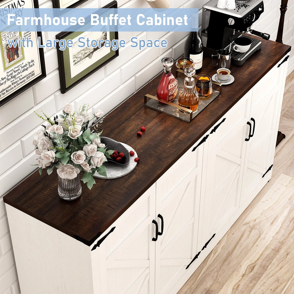 White-Brown 4 Barn Doors Buffet Cabinet with Adjustable Shelves L5202