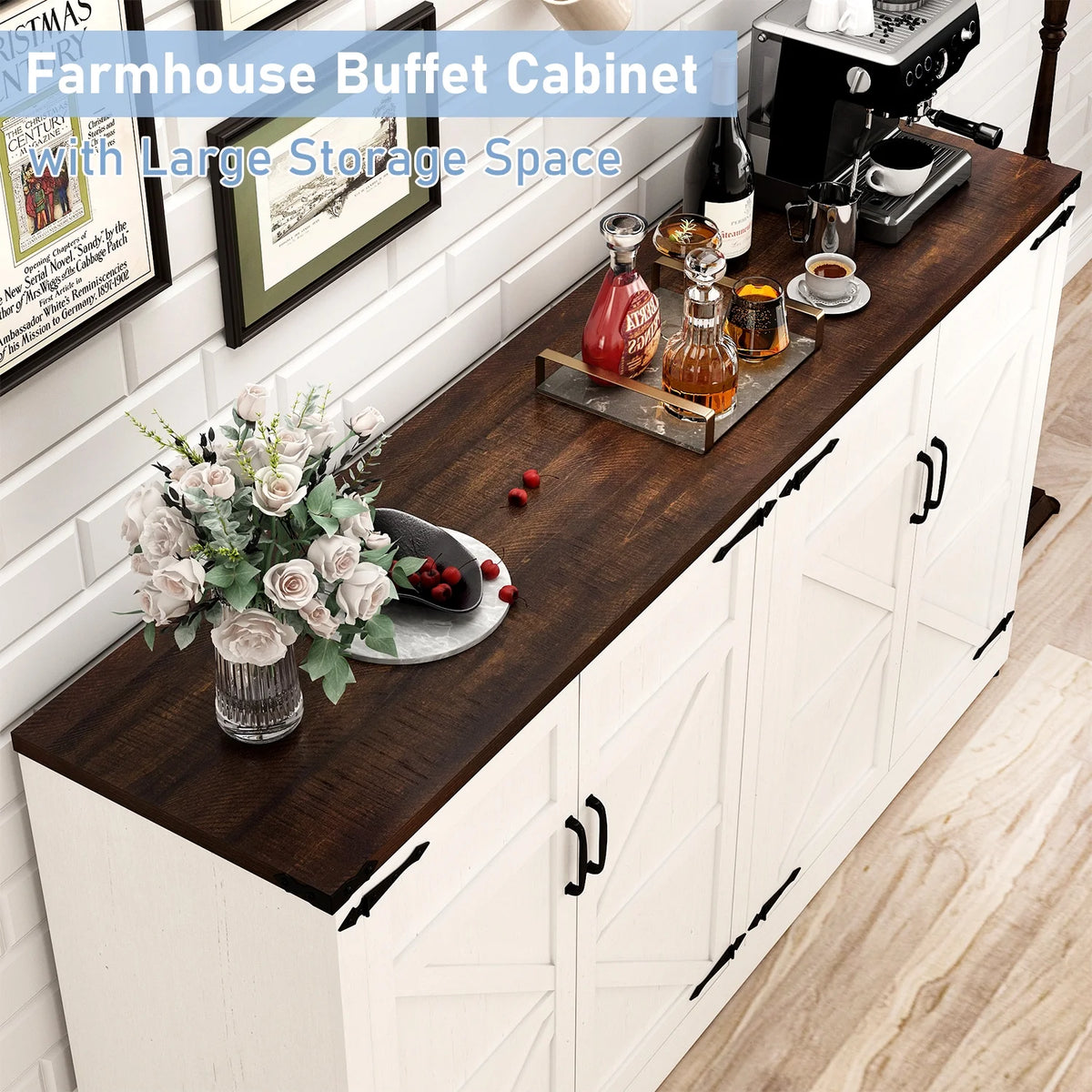 White-Brown 4 Barn Doors Buffet Cabinet with Adjustable Shelves L5202