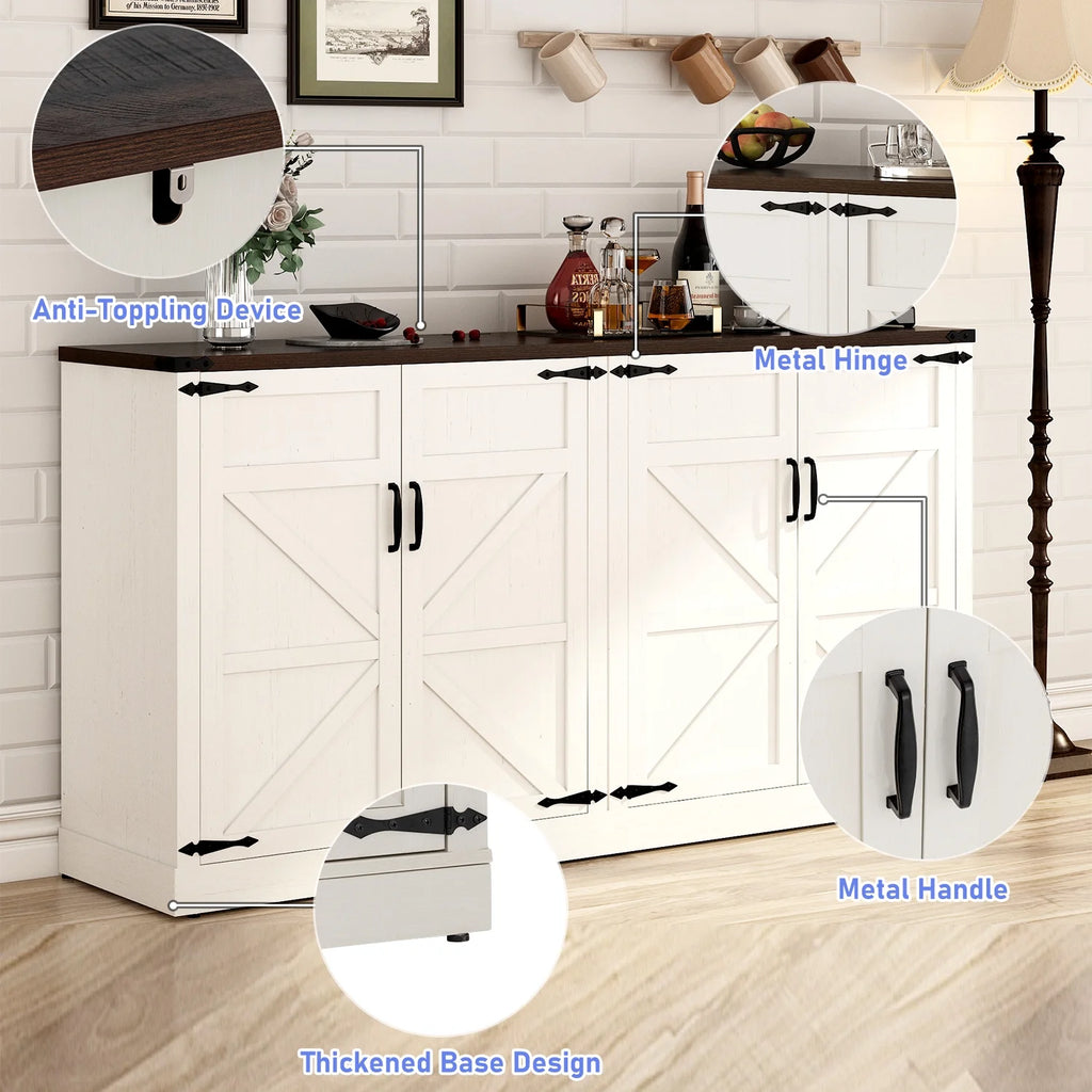 White-Brown 4 Barn Doors Buffet Cabinet with Adjustable Shelves L5202