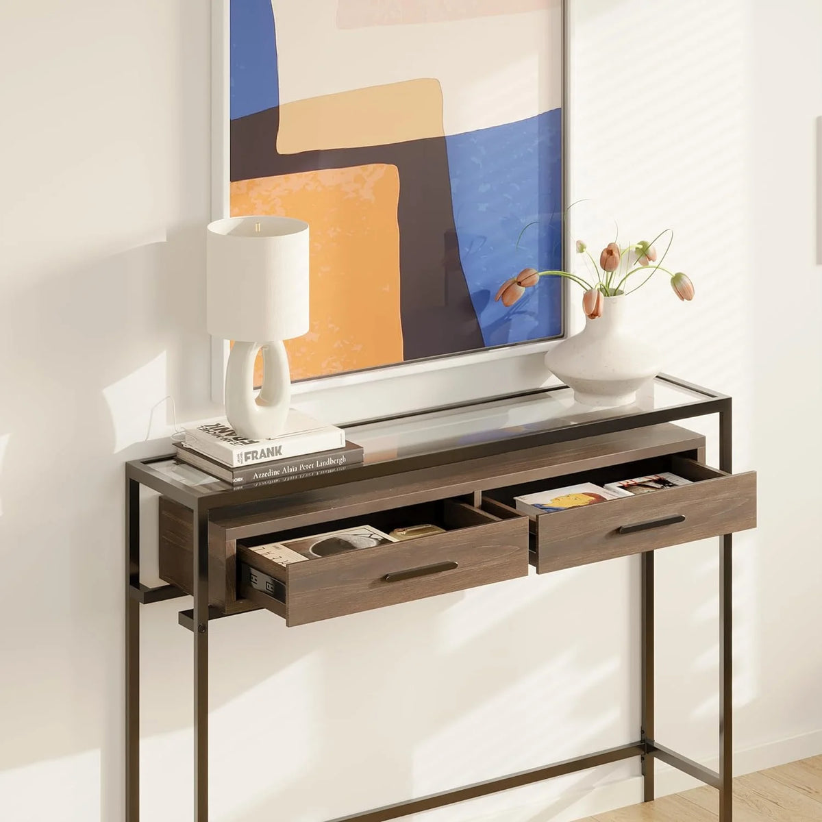 43 Inch Narrow Console Table with 2 Drawers Glass Top E4163