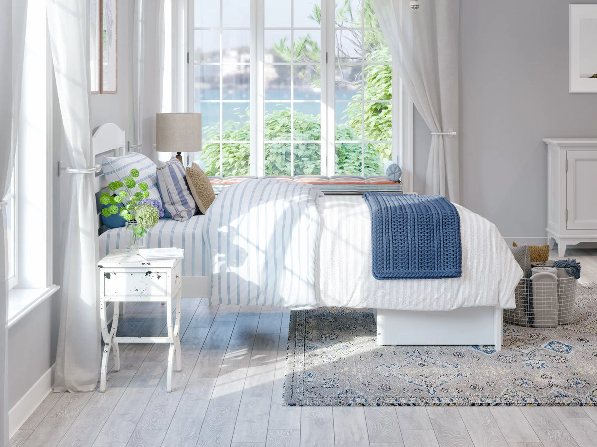 White Twin XL Wood Platform Bed Frame with Foot Drawer Storage C59537