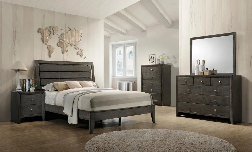 Gray 5pc Wood Bedroom Set with Dresser Mirror Nightstands A5851