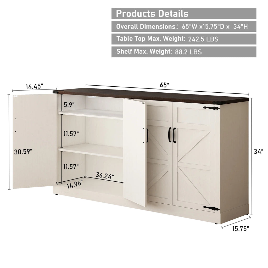 White-Brown 4 Barn Doors Buffet Cabinet with Adjustable Shelves L5202