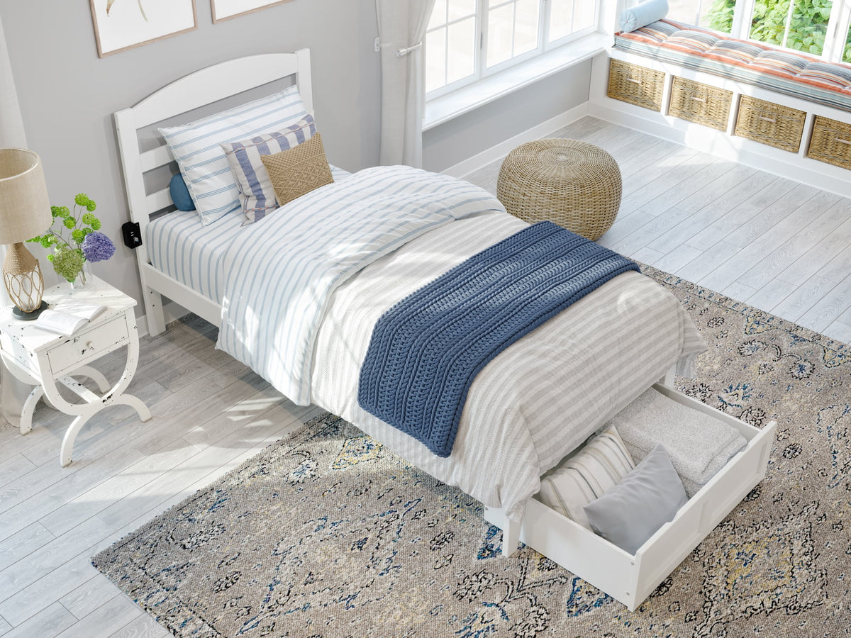 White Twin XL Wood Platform Bed Frame with Foot Drawer Storage C59537