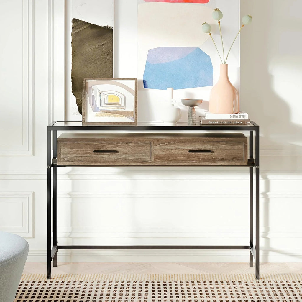 43 Inch Narrow Console Table with 2 Drawers Glass Top E4163
