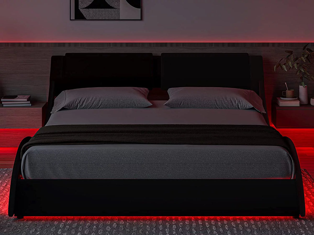 Queen LED Bed Frame Upholstered Platform with Faux PU Leather Headboard S539064