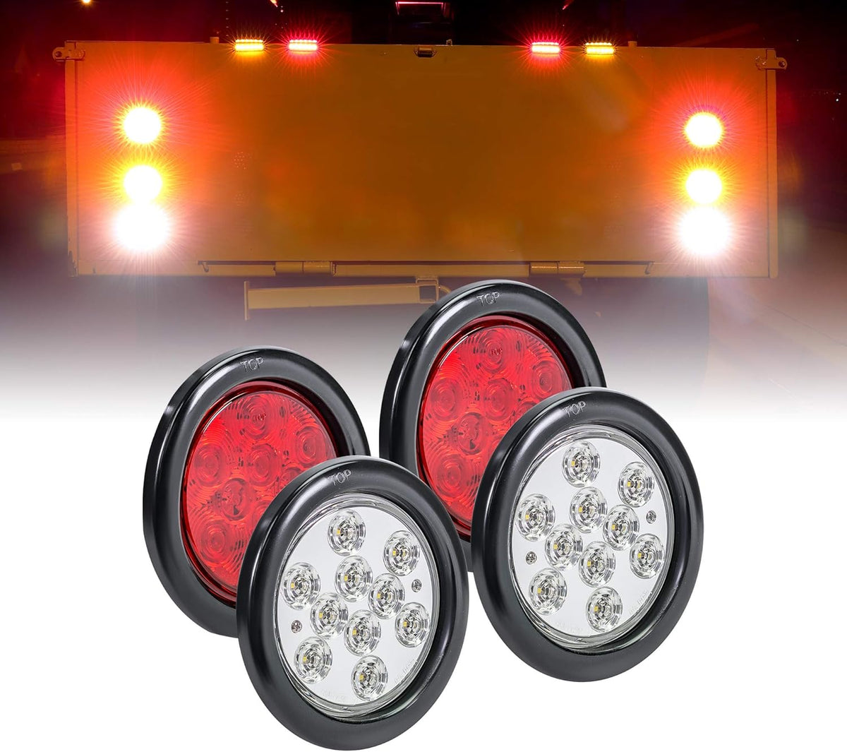 2 Red 2 Amber 2 White 4" Round LED Trailer Tail Light Kit D7616