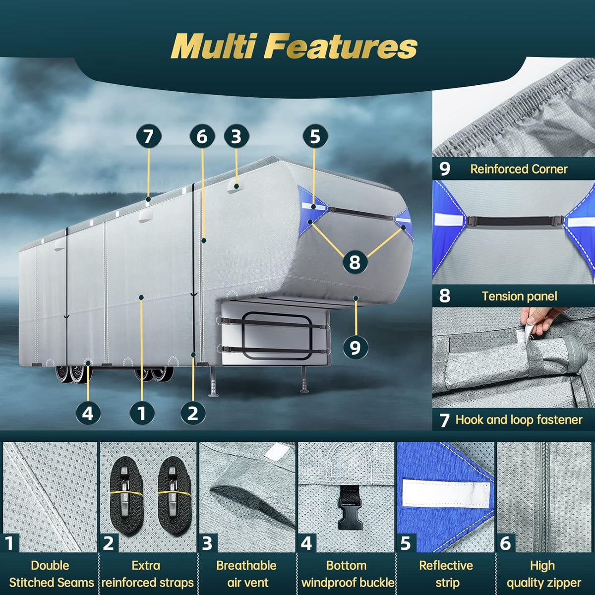 5th Wheel RV Cover with 4 Tire Covers & 2Pcs Extra Long Straps V508502