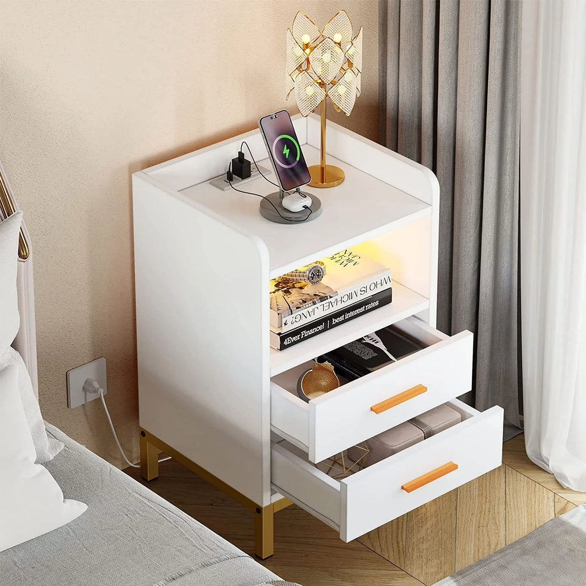 White Night Stand with 2 Drawers and Charging Station S616