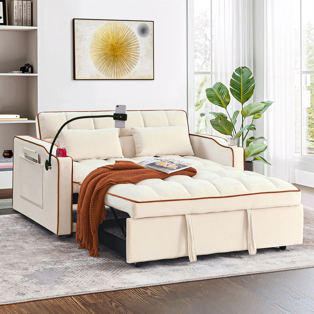 Gray Velvet Pull Out Sofa Bed with USB Port B73466