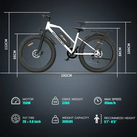 Electric Mountain Bike 750W 48V 13AH Removable Lithium Battery 26" 4.0 inch Fat Tire White R7189