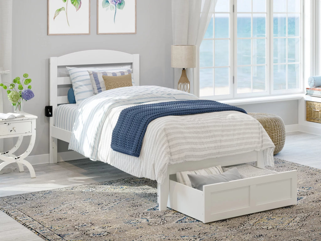 White Twin XL Wood Platform Bed Frame with Foot Drawer Storage C59537