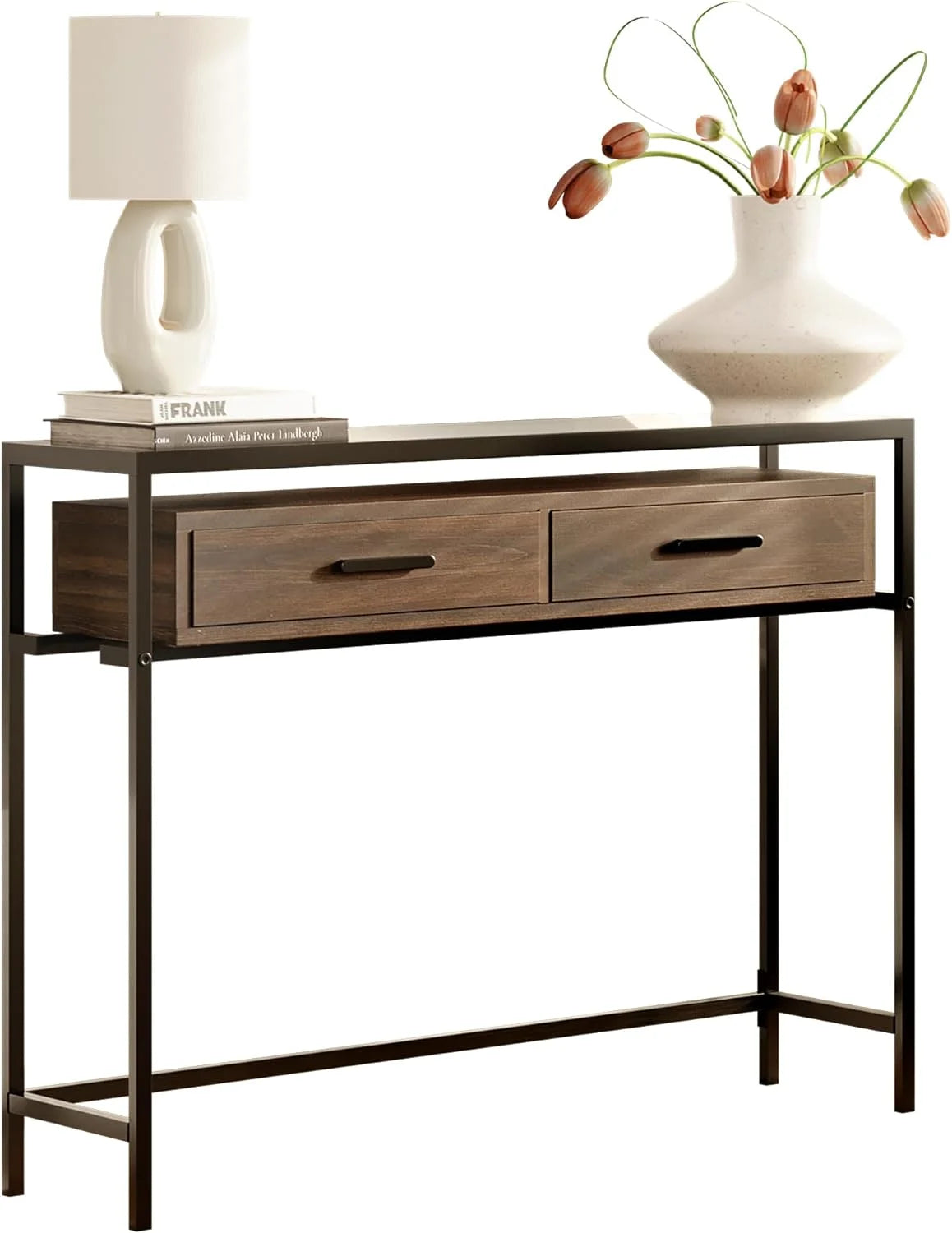 43 Inch Narrow Console Table with 2 Drawers Glass Top E4163