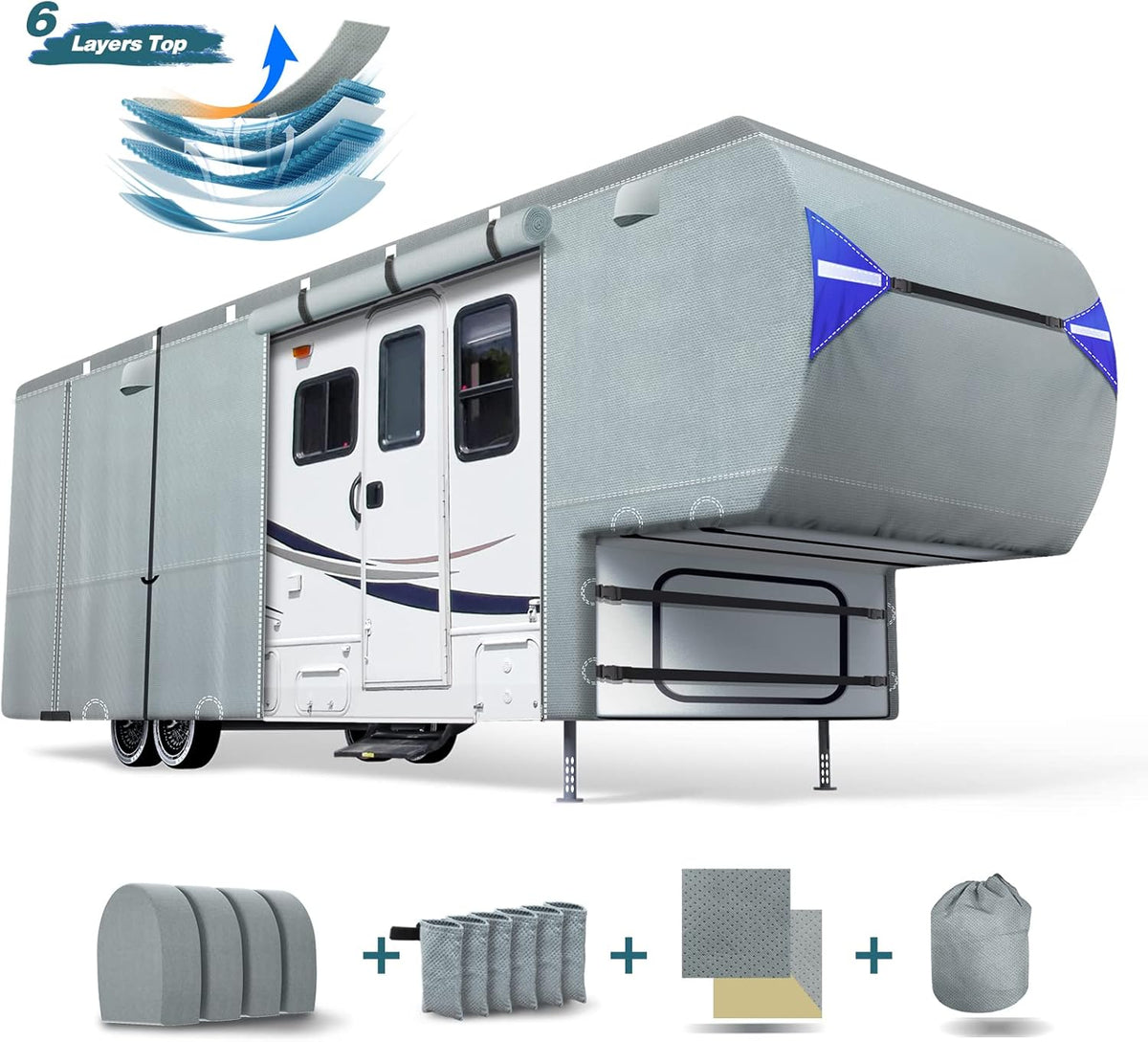 5th Wheel RV Cover with 4 Tire Covers & 2Pcs Extra Long Straps V508502