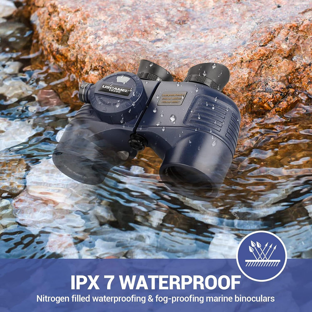 10×50 IPX7 Waterproof Marine Binoculars with Rangefinder Compass BAK4 Prism FMC Lens T7691