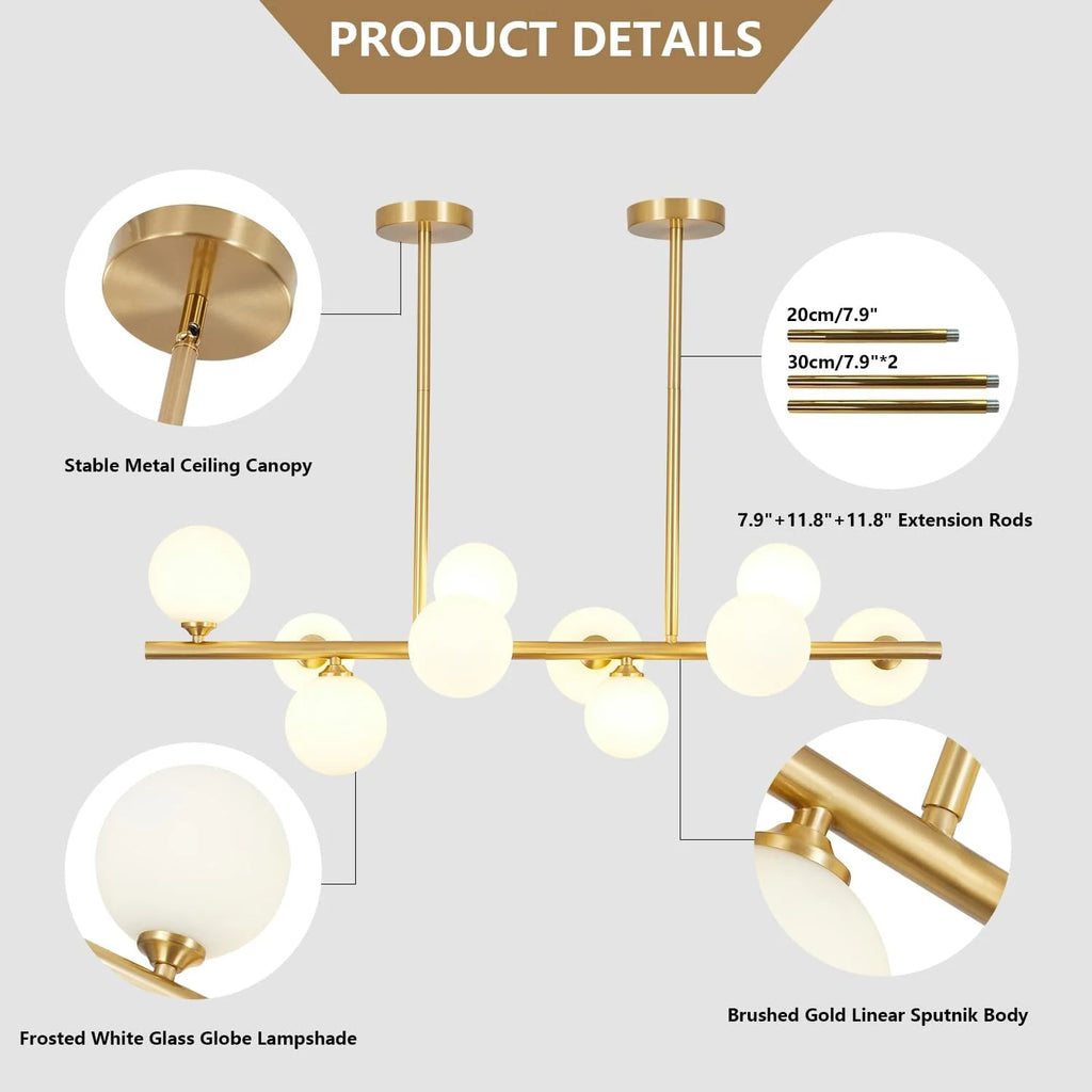 Gold Globe Sputnik Chandelier 10-Lights Frosted White Glass Ceiling Lamp A51020