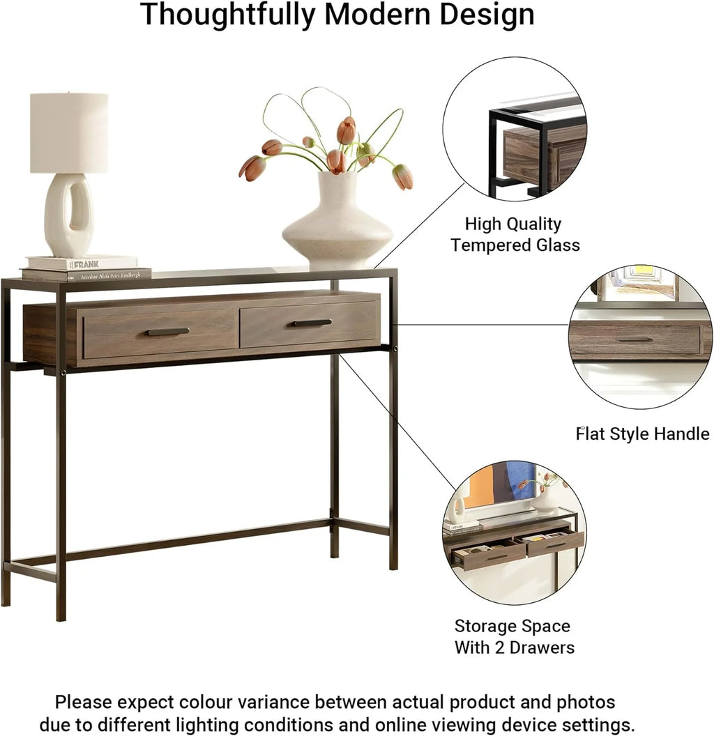 43 Inch Narrow Console Table with 2 Drawers Glass Top E4163