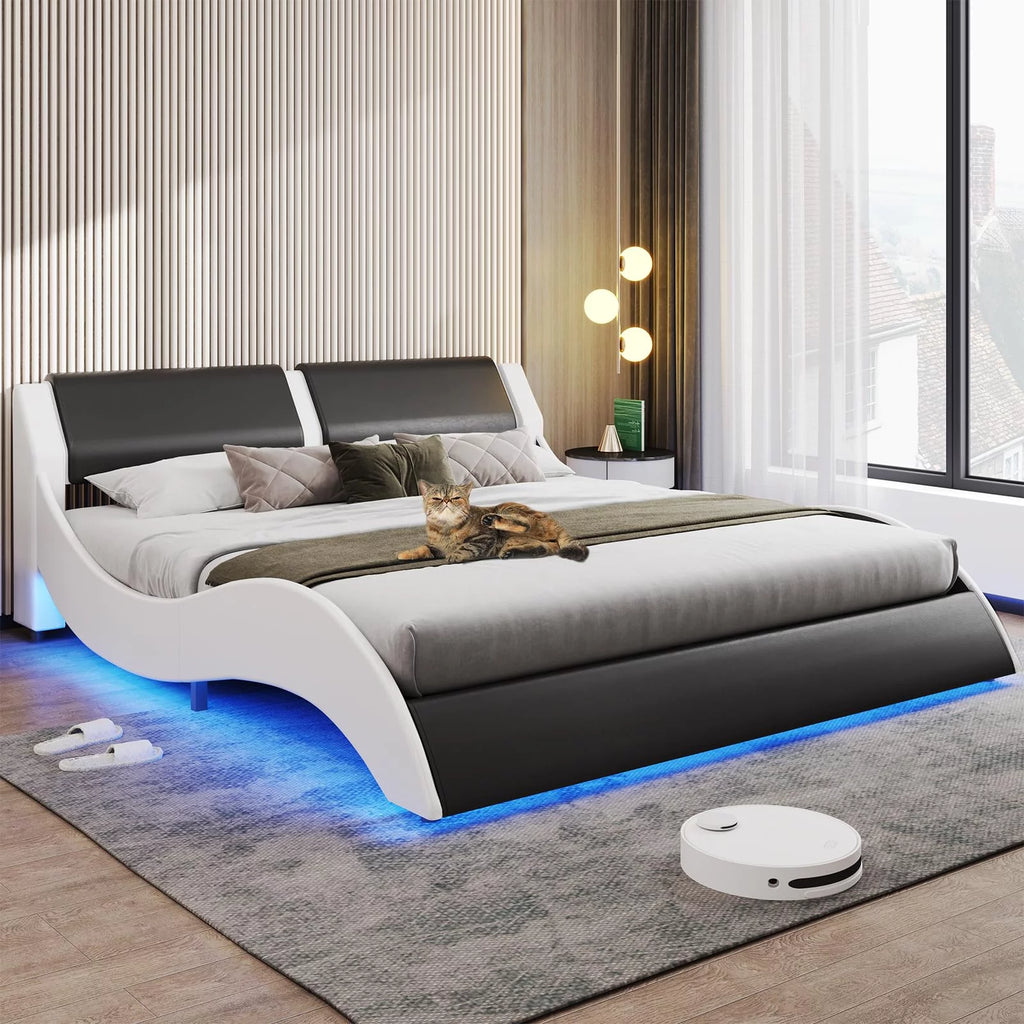 Queen LED Bed Frame Upholstered Platform with Faux PU Leather Headboard S539064