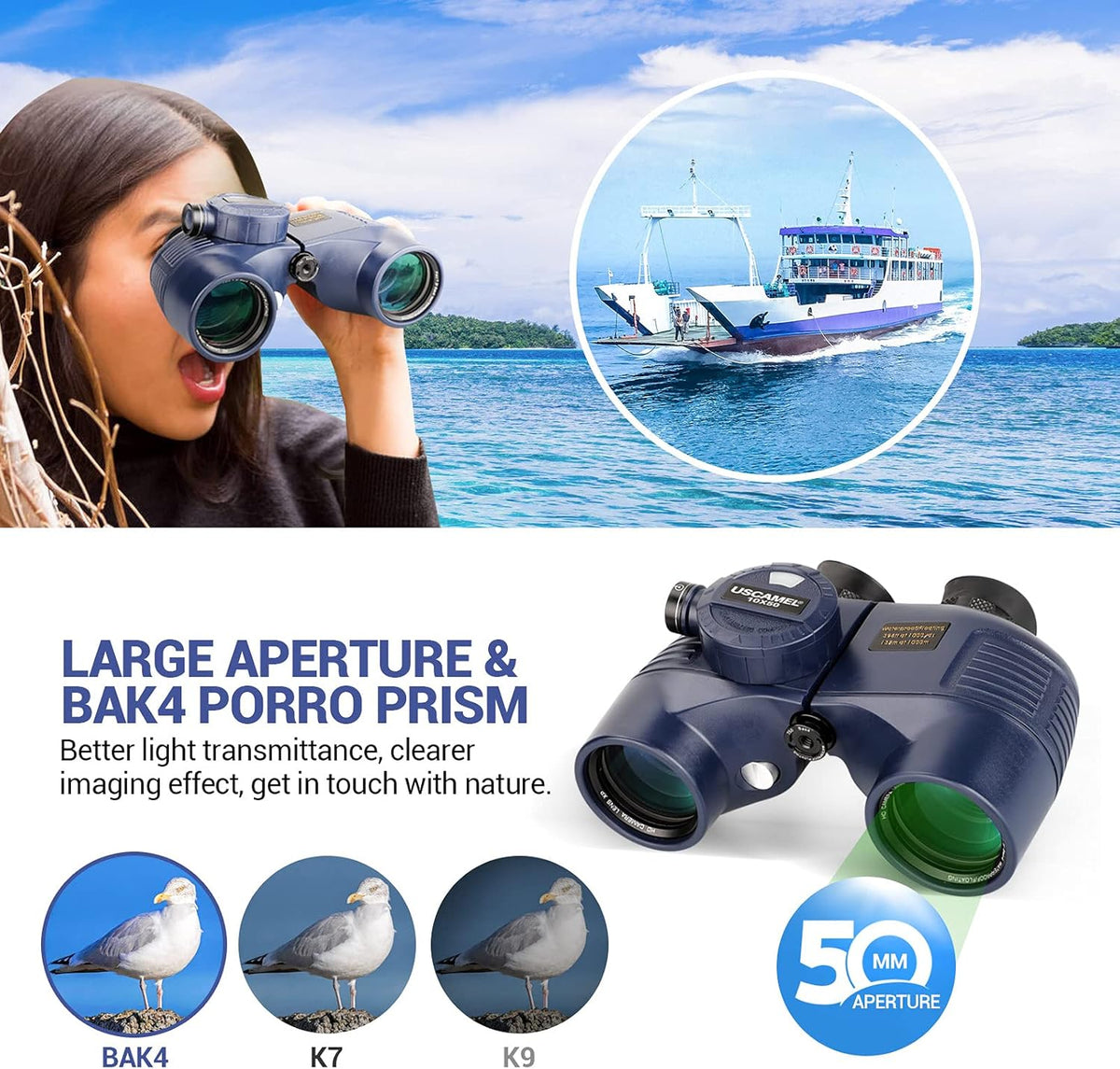 10×50 IPX7 Waterproof Marine Binoculars with Rangefinder Compass BAK4 Prism FMC Lens T7691