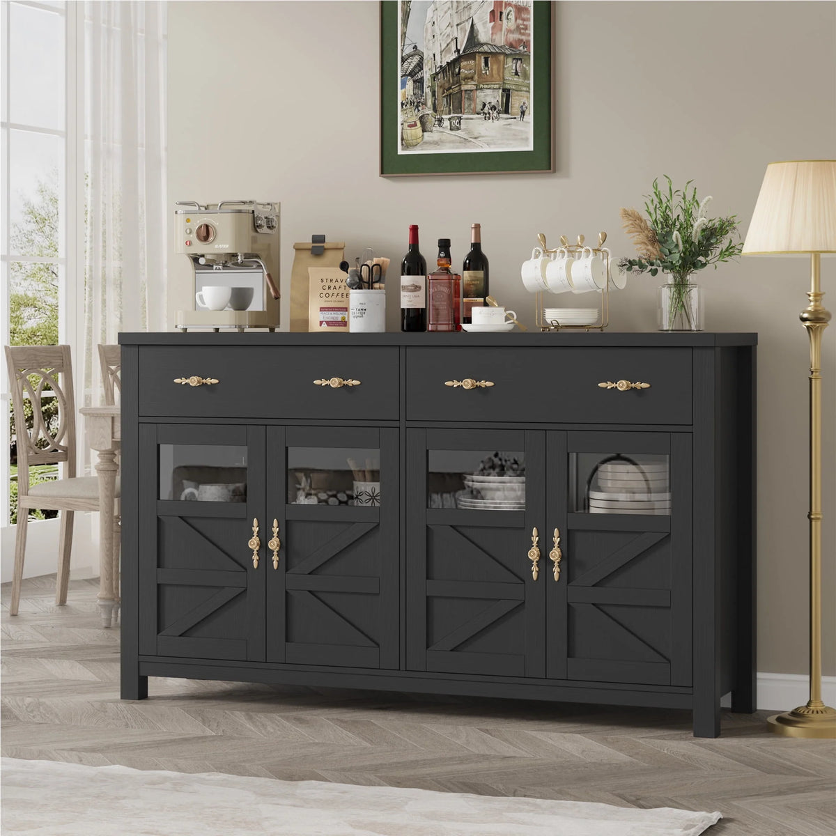 2 Drawer Glass Door Wood Sideboard Z1443