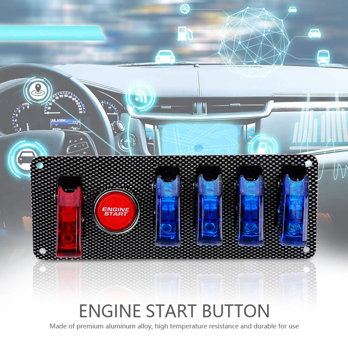 12V Racing Car Ignition Switch Panel with 4 Blue & 1 Red LED Push Button, Pack of 2 B66620